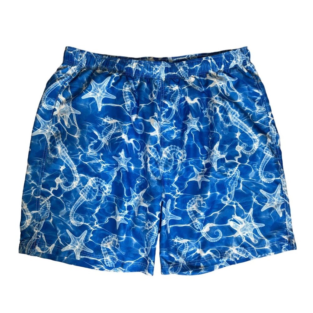 Caribbean Swimwear Mens Blue Sea Life Print Swim Shorts 2XB Big Pocket